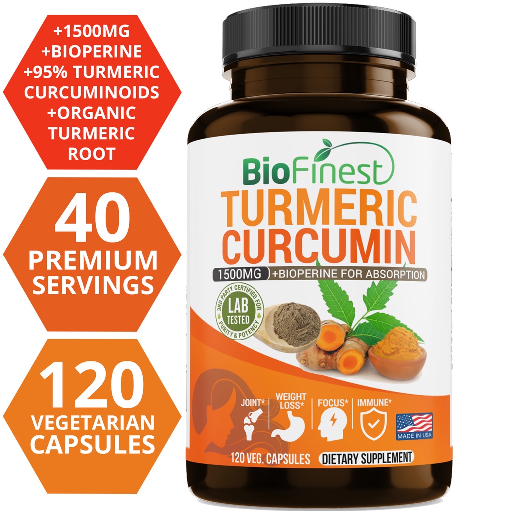 Turmeric Curcumin Capsule - Biofinest-Curcumine à absorption rapide, 1500 mg,